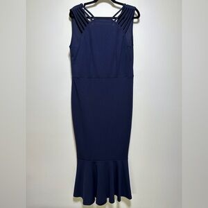 Pretty Garden Navy Mermaid Hem Midi Dress Strappy Neck Cocktail Wedding Guest